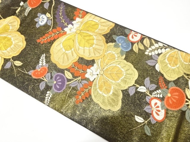 JAPANESE KIMONO / FUKURO OBI FOR FURISODE / SILK / WOVEN PAULOWNIA & TACHIBANA